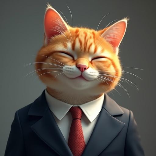 A semi-realistic cat wearing a business suit. The cat smiles gently with squinted eyes and a relaxed face.