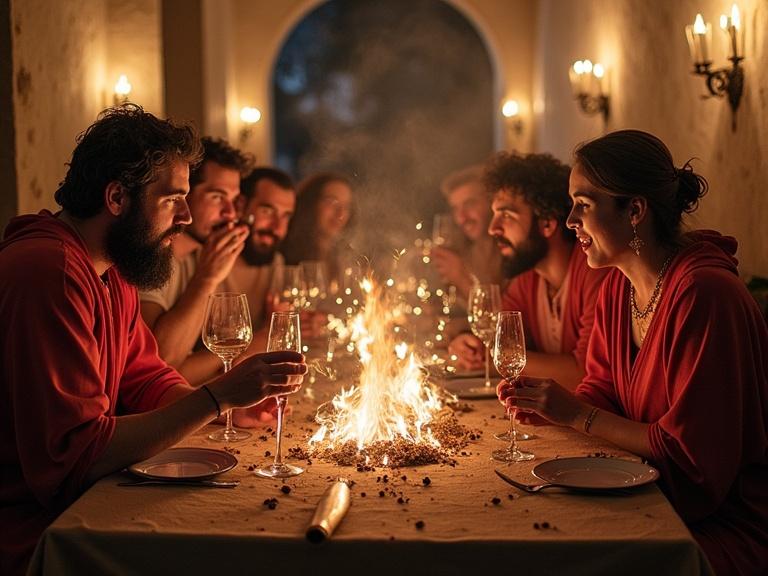 A group of people enjoying a festive dinner. They sit around a table with a fire at the center. Soft candlelight illuminates the scene. Their expressions are joyful and engaged in conversation.