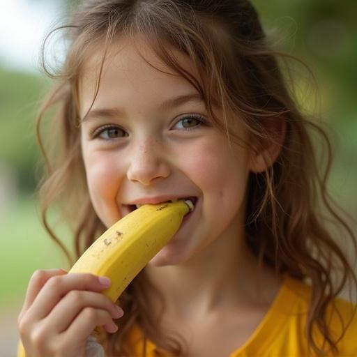 Gorgeous girl enjoys a ripe banana outdoors. She has a joyful expression while taking a bite out of the banana. Soft natural lighting highlights her features.