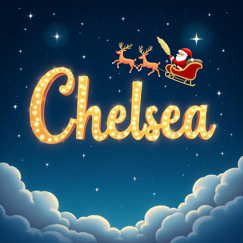 Santa is flying in the sky with reindeer. The name 'Chelsea' is bright and illuminated in golden lights.