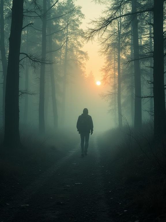 Lone traveler walking through foggy forest at sunrise. Cinematic lighting creates dramatic shadows. Evocative atmosphere.