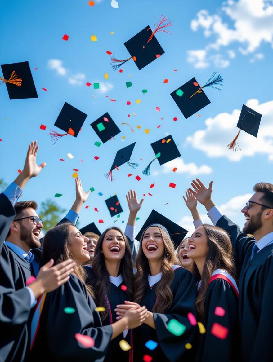 Group of graduates celebrating by throwing caps in the air. They are laughing and hugging each other. Colorful confetti is falling around them. Bright blue sky serves as the background. Captures joyful energy and high-motion suitable for animations.