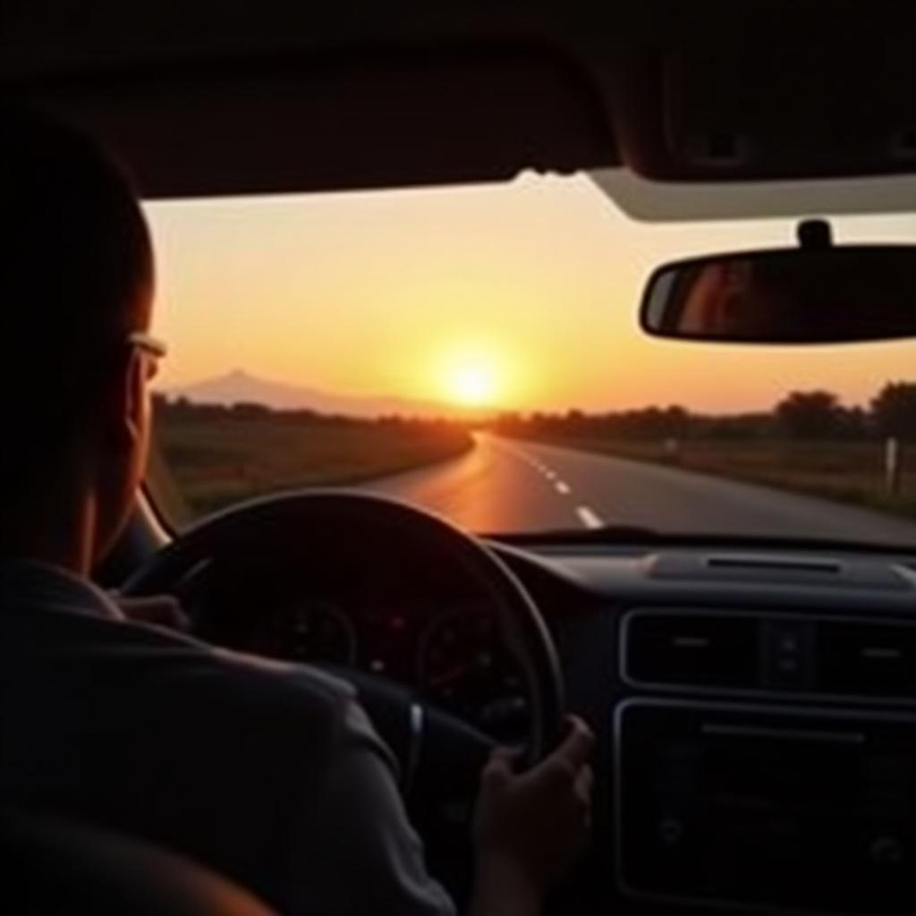 A person is driving a car during a beautiful sunset on an open road.