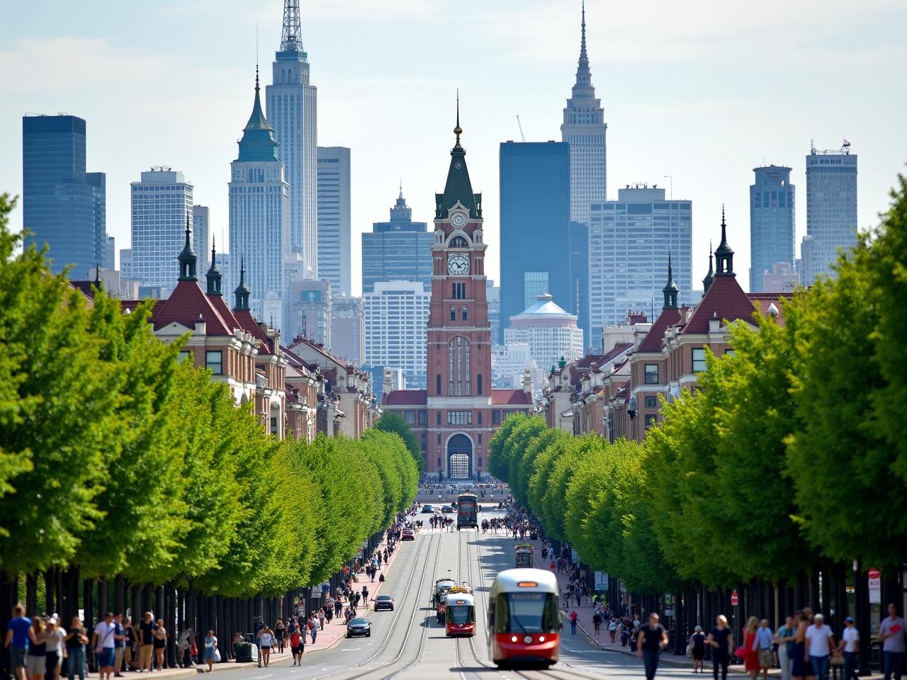 A bustling cityscape featuring a prominent clock tower surrounded by modern skyscrapers. The skyline is filled with various architectural designs, reflecting both contemporary and classic influences. A tram is running along a tree-lined avenue, providing a vibrant sense of movement through the city. The streets are alive with people, showcasing the dynamic energy of urban life. Lush green trees line the sidewalks, adding a touch of nature to the urban environment.