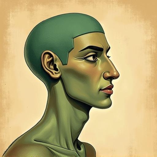 Profile illustration of a man using muted earth tones. Soft pastel colors defined body and clothing. Egyptian style features including highlighted nose. Background mimics ancient manuscript style with canvas-like texture. Big outlined eyes and elongated facial structure resembling Ra.