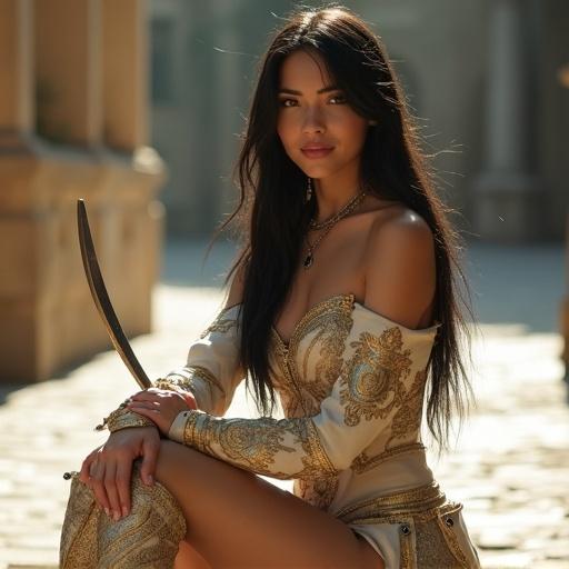 A beautiful 25-year-old female warrior with a slender figure and long black hair. She wears fantasy-style armor with gold filigree. Soft sunlight bathes her skin. Sitting on stone pavement, she crosses one leg and smiles mischievously. In her hand, she twirls a silver curved sword. Full-body composition with ultra-detailed lighting.