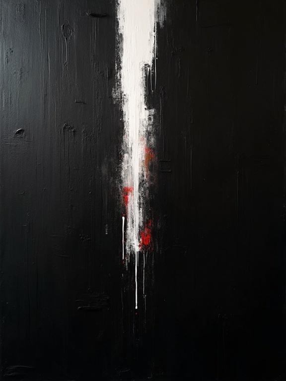 Digital oil painting with harsh strokes on a black background. Features absurdist and unfinished elements with flat colors. A unique silhouette design expressing formless voids and shadows. Includes layers of white noise in a minimalist style.