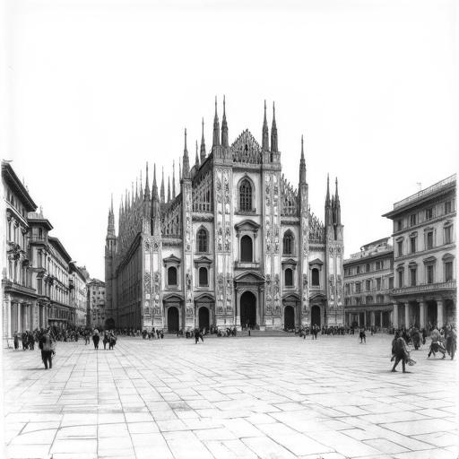 Pencil sketch in black and white of Piazza del Duomo in Milan without people. Focus on the intricacies of the cathedral's design and surrounding architecture.