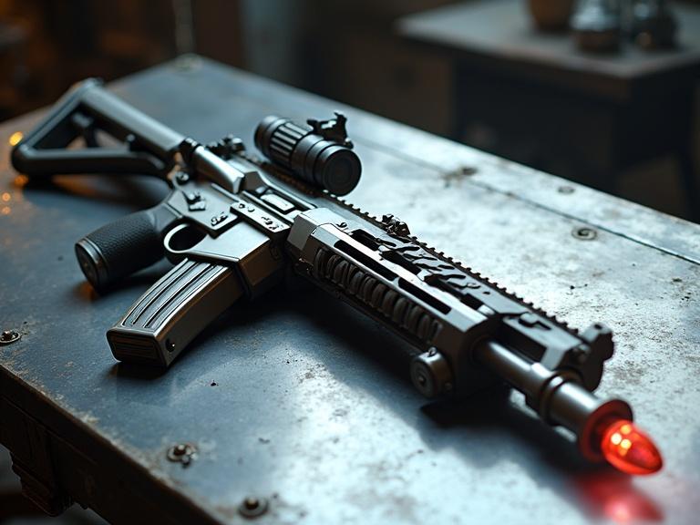 A sci-fi bulky bevel silver metal rifle rests on a silver metal table. The rifle features LED lights and is surrounded by clips and bullets. Details show textures and shadows with realistic flair in 4k resolution.