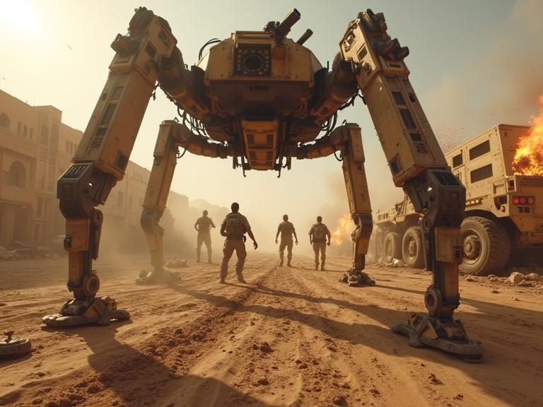 POV from a low-mounted tactical camera. Mechanical spider legs frame the view. Dusty tactical overlay visible. Setting is a war-torn desert battlefield. Armed insurgents in traditional clothing search among wreckage. Intense firefight depicted with bullets and blood. Smoke and fire fill the air. Camera shakes from explosions. Atmosphere chaotic and tense.