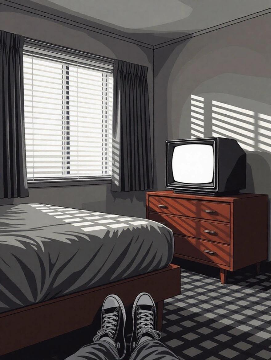 Flat graphic illustration depicting a dimly lit motel room from a low-angle perspective. View from foot of bed near floor with black-and-white sneakers under bed. A CRT television on a wooden dresser casting white static glow. Venetian blinds cover window creating sharp white light streaks. Minimalist vector style with muted monochrome palette. No characters or clutter, allowing for text placement.