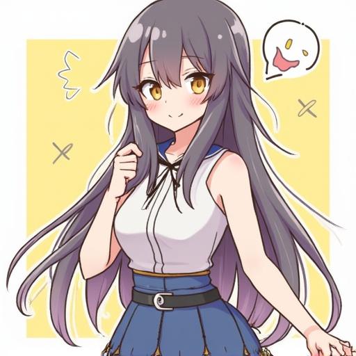 Anime character with long purple hair and yellow eyes. Character wears a white sleeveless top and blue skirt. The background is yellow with playful elements. Character shows a cheerful expression with a ghost icon nearby.