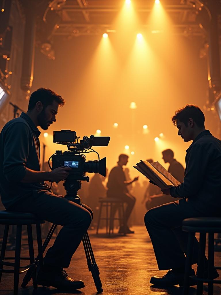 Digital artwork depicting independent artists in an engaging creative environment. A cinematographer works on a camera. A passionate musician plays piano. A screenwriter jots notes. An actor is illuminated on stage. Background features entertainment elements like film reels and microphones. The scene is lit with warm, golden lights.