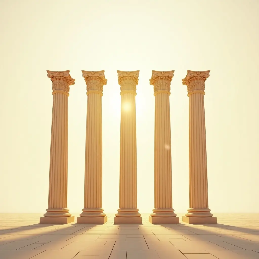 Ancient golden Greek architecture in midair. Five classical columns are placed without a background. The sense of culture and heritage is strong. Tranquil atmosphere invites reflection on beauty of history. Soft light bathes columns, highlighting grandeur and significance.