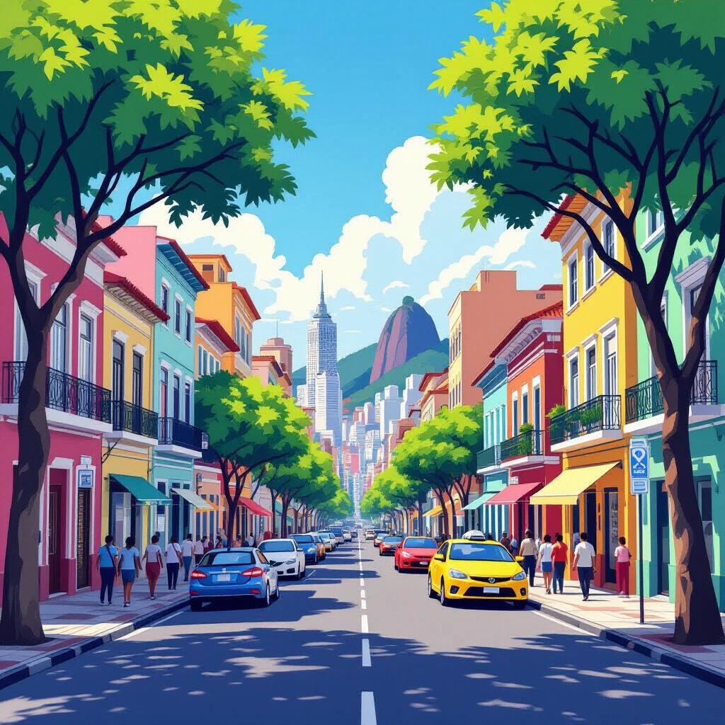A vibrant animated digital artwork showcasing a street scene in Sao Paulo. Colorful buildings line the street under a clear blue sky. Trees add greenery to the atmosphere. Lively city life is depicted with people and cars.