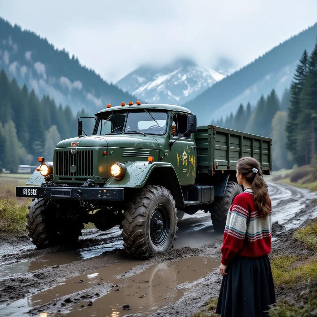 Soviet ZIL-157 military truck drives through muddy road in Carpathian mountains. Woman in traditional sweater stands nearby observing. Truck has worn tires and rusted chassis. Mist surrounds mountains in background. Image captures detail of mud and rust. No bokeh effects. Forensic level detail on textures.