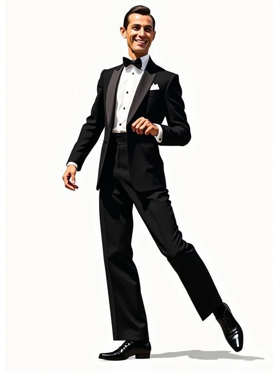 Portrait of a man in a vintage tuxedo mid-step exuding charm. Text 'Step Up, Darling' in retro typography. Transparent background. Suitable for black and white shirts. Nostalgic and witty flair.