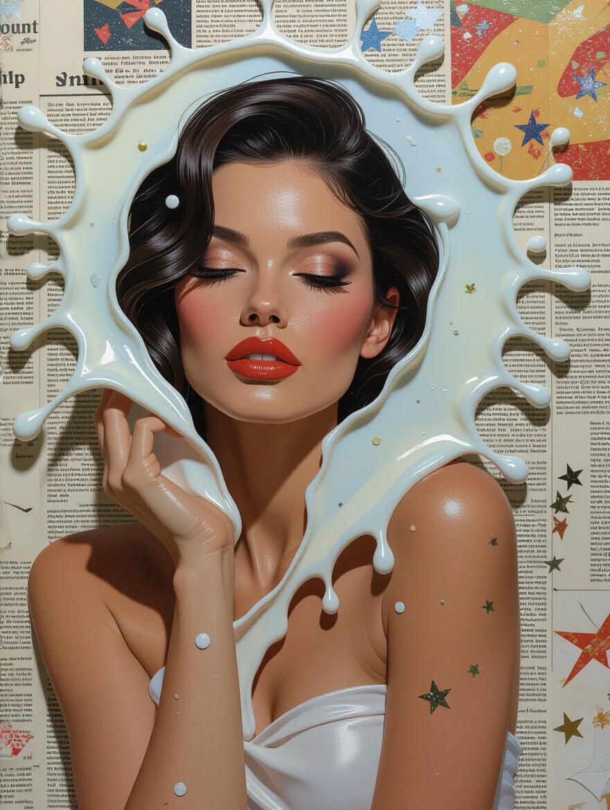 Surrealism influenced art. Milk splash surrounds a figure. Textured materials incorporated. Newspaper jute fibers wood sand glittering confetti origami used. Focus on mixed media details. Digital creation with close-up perspective.