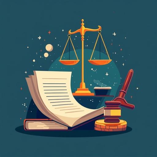 Illustration of intellectual property law concepts with scales of justice a gavel a legal book and cosmic elements in background