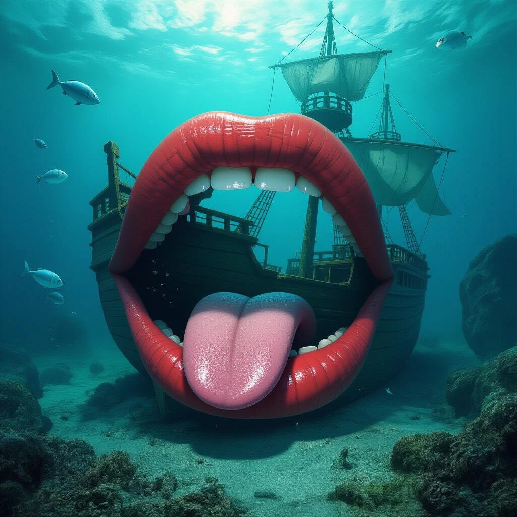 A surreal underwater scene featuring giant red lips with a tongue. A shipwreck is seen in the background submerged in seabed elements. Surrounding marine life adds to the oceanic theme.