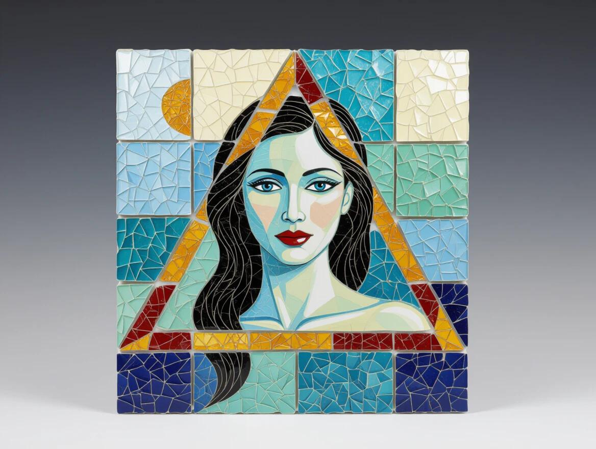 Glamorous 3D ceramic tile and glass mosaic artwork depicting a woman's face. Ethereal and abstract design. Encaustic mixed media creation focused on public love triangle fantasy.