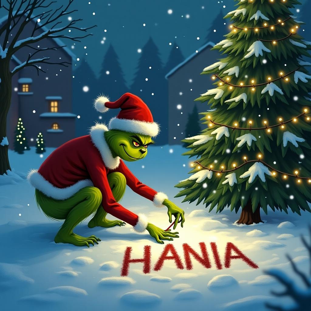 Grinch character dressed as Santa is writing name Hania in the fresh snow. Christmas trees lit with twinkling lights surround. Nighttime winter atmosphere evokes holiday cheer.