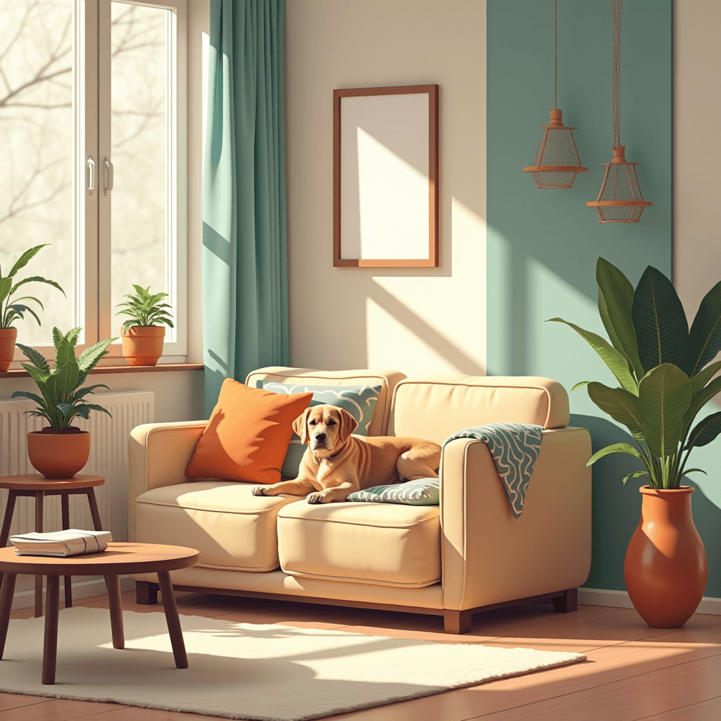 A dog is lounging on a comfortable yellow couch in a sunlit living room with plants and colorful decor.