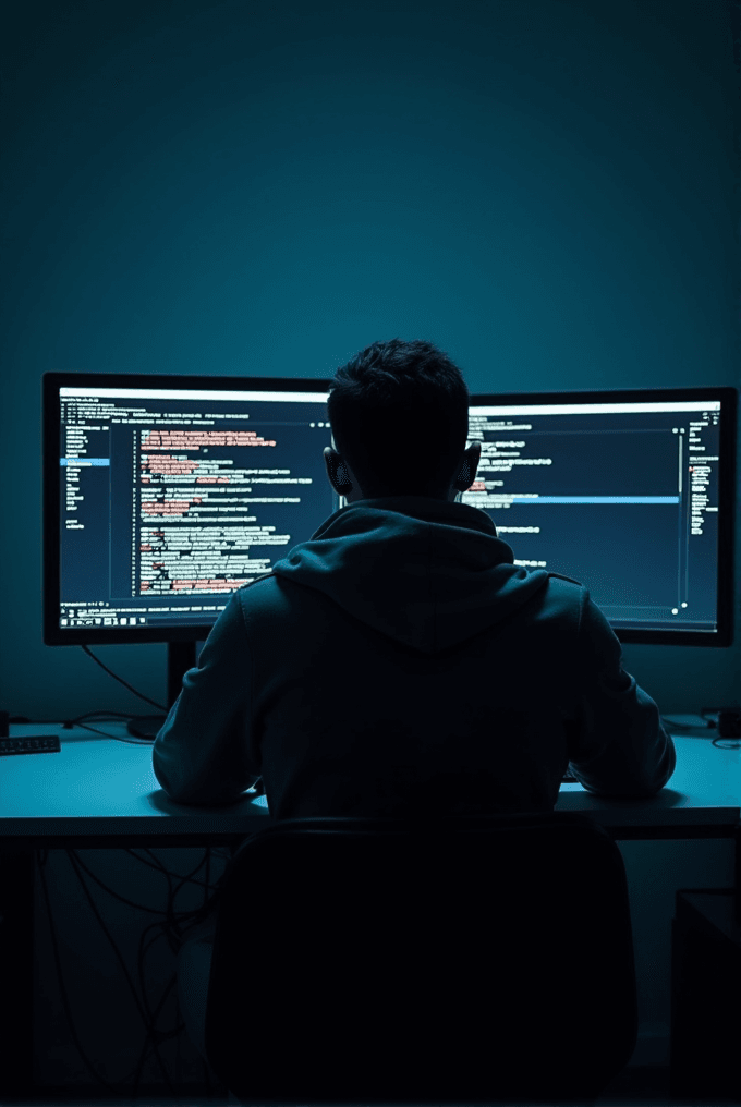 A person sits in a dimly lit room facing dual monitors displaying lines of code, creating a focused and immersive atmosphere.
