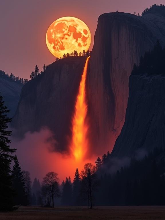 The image features a full moon creating an optical illusion with a waterfall at Yosemite. The moon appears atop a granite cliff with vibrant colors. The waterfall glows like lava during sunset, creating a captivating scene. The dark cliff silhouette contrasts with the orange glow. The atmosphere is moody and dramatic, showcasing natural beauty.
