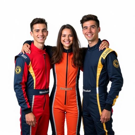 High-resolution studio photograph featuring three young karting drivers. A smiling woman stands in the center with two young men, all embracing each other. They wear vibrant, modern racing suits without logos. They celebrate a victory with joyful looks. Pure white background with professional lighting.