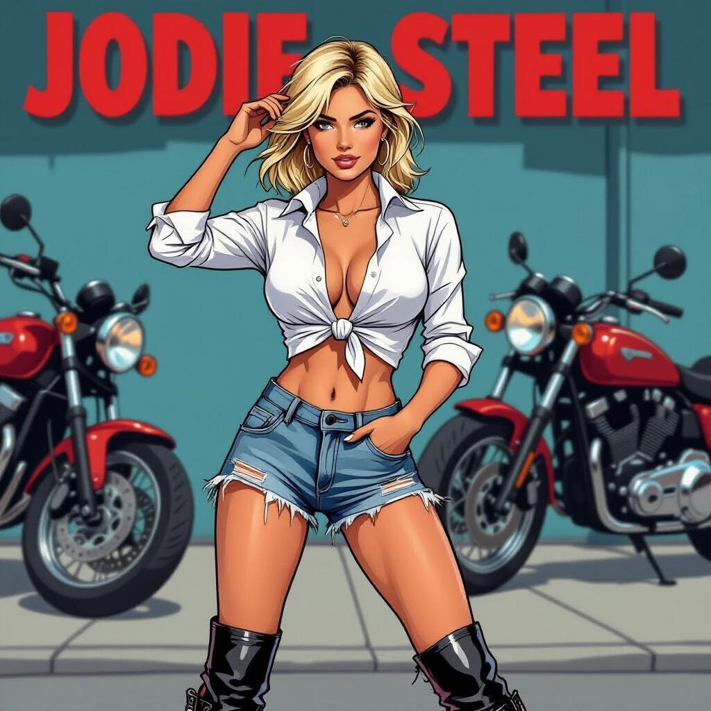 Image features a confident straw-blonde girl styled in a comic-strip design. The girl has short hair with a punk edge. She is at a motorcycle showcase wearing a knotted shirt and ripped denim shorts. Black motorcycle boots complete her look. Background includes motorcycles.