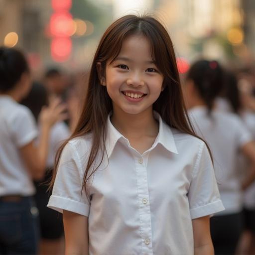 Asian girl with brown hair wearing a white collared shirt looks towards the viewer. She has a smile and is positioned among a crowd of girls. The scene captures a dancing atmosphere with focus on realism and joyful expression.