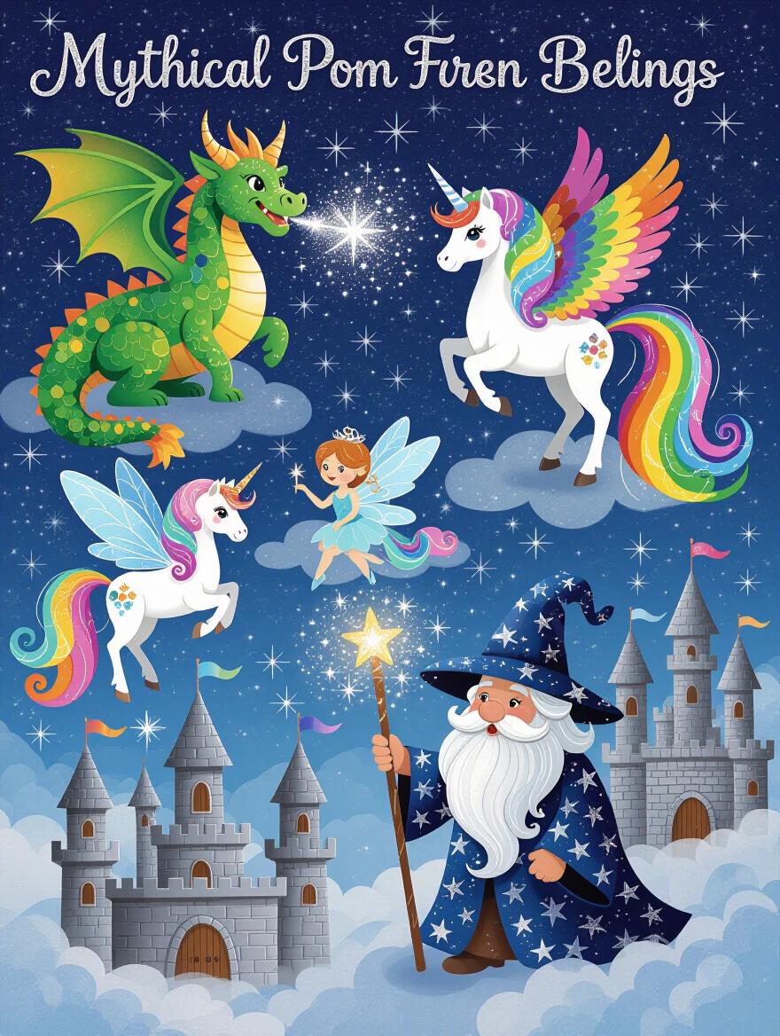 Collection of magical pom pom art featuring mythical creatures. Includes dragons unicorns fairies and a wizard. Bright colors with textures of fluffy pom poms. Creatures breathe sparkly flames and roam clouds. Castle towers made of pom poms in the background. Atmosphere is enchanted and whimsical with vibrant colors.