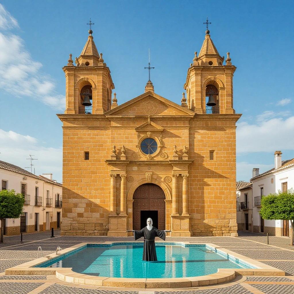 A priest depicted in the town of Carmona, Seville province, standing in a pool outside a church.