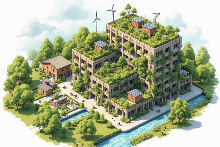 Isometric illustration showcases a sustainable city integrated with nature. Features vertical farms wind turbines and solar panels. Displays a circular food system livestock and greenhouses. Includes natural water filtration systems and diverse housing styles. Watercolor style renders the scene. Dutch text labels detail each element. The walls are covered in lush vegetation. The scene conveys a harmonious integration of architecture and nature. Focus on sustainability. Surrounding the building are trees and open spaces, suggesting an eco-friendly environment.