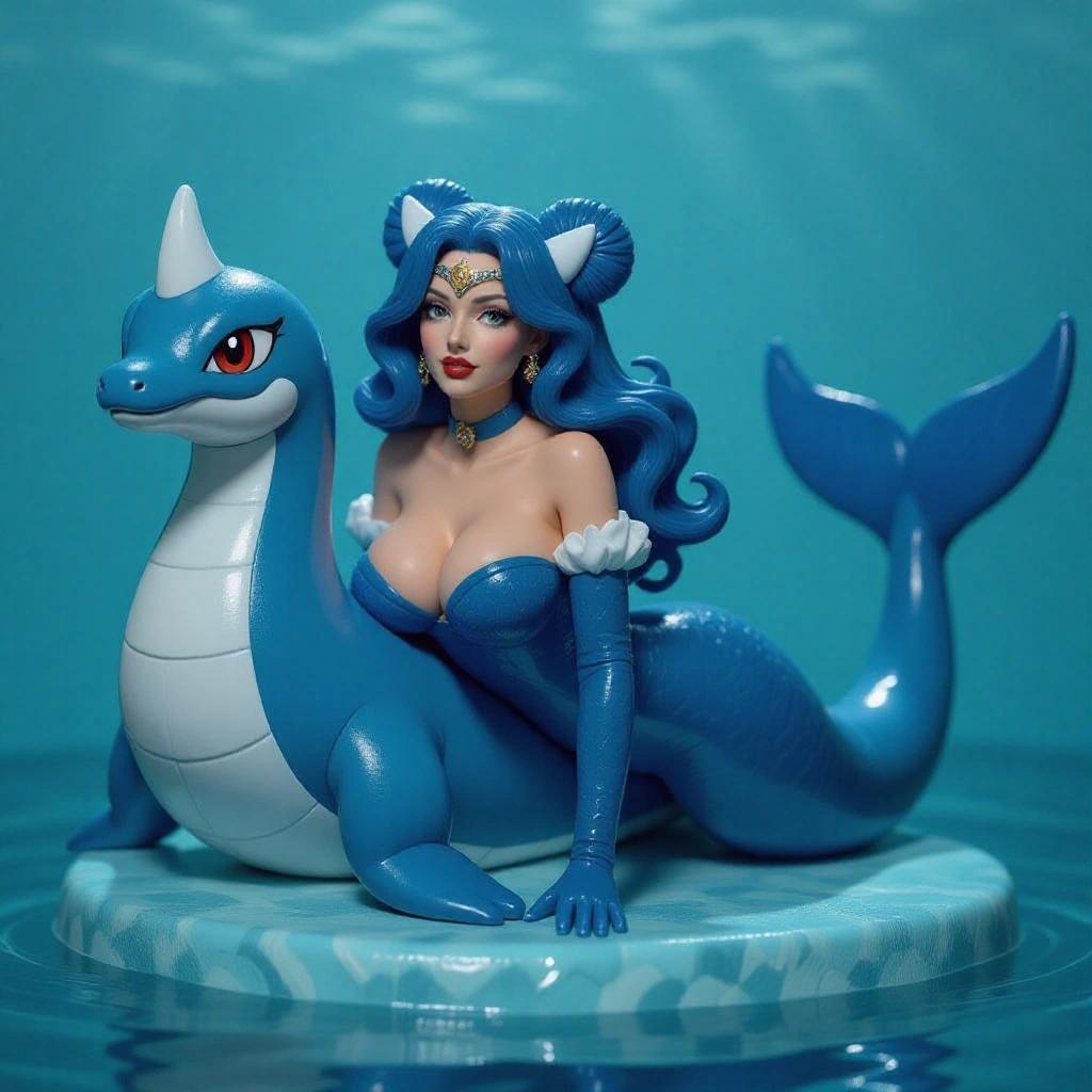 Female resin figure based on Lapras from Pokemon. Adult woman with curvaceous body displaying elegance. Lying on marine base with soft wave effect. Tight mermaid outfit in navy tones with shiny details. Long blue hair with buns resembling Lapras' ears. Headdress resembling Lapras' horn. Seductive expression and intense side gaze. Enhanced bust with daring top. Wearing high boots or long stockings. Cruised tail or marine elements enveloping her. Overall sensual and magical style, ready for resin printing.