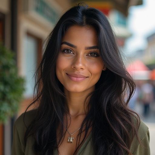 Portrait of a smiling woman outdoors in an urban setting. Soft lighting highlights her natural beauty. She wears a casual outfit and has long hair. Background features blurred urban elements.