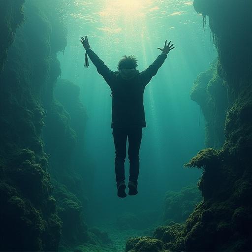 Figure submerged underwater with raised hands. Light rays break through the water surface. Aquatic environment with seaweed. A sense of peace and exploration.