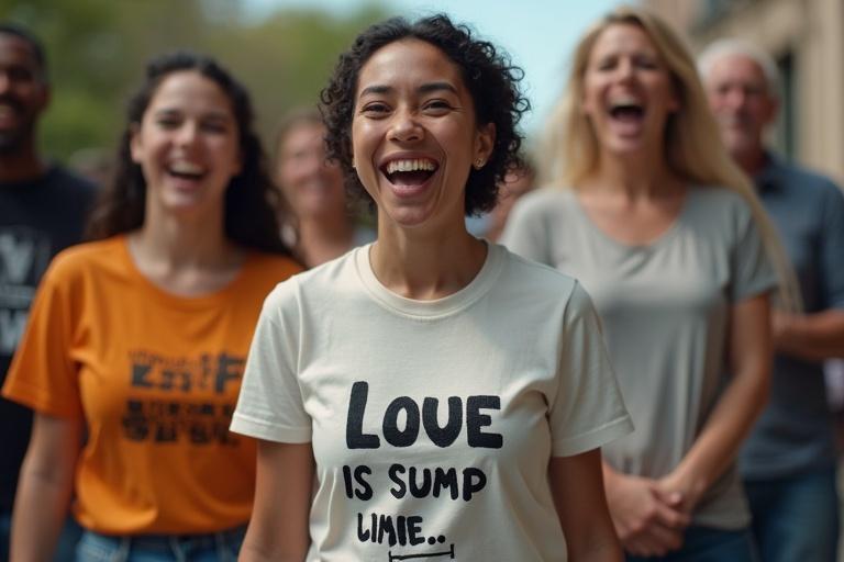 Photorealistic image of a group of happy people. Focus on a woman wearing a funny t-shirt. Group laughing in candid style. Various backgrounds show everyday scenarios. Natural lighting creates a bright scene. Expressions highlight joy.
