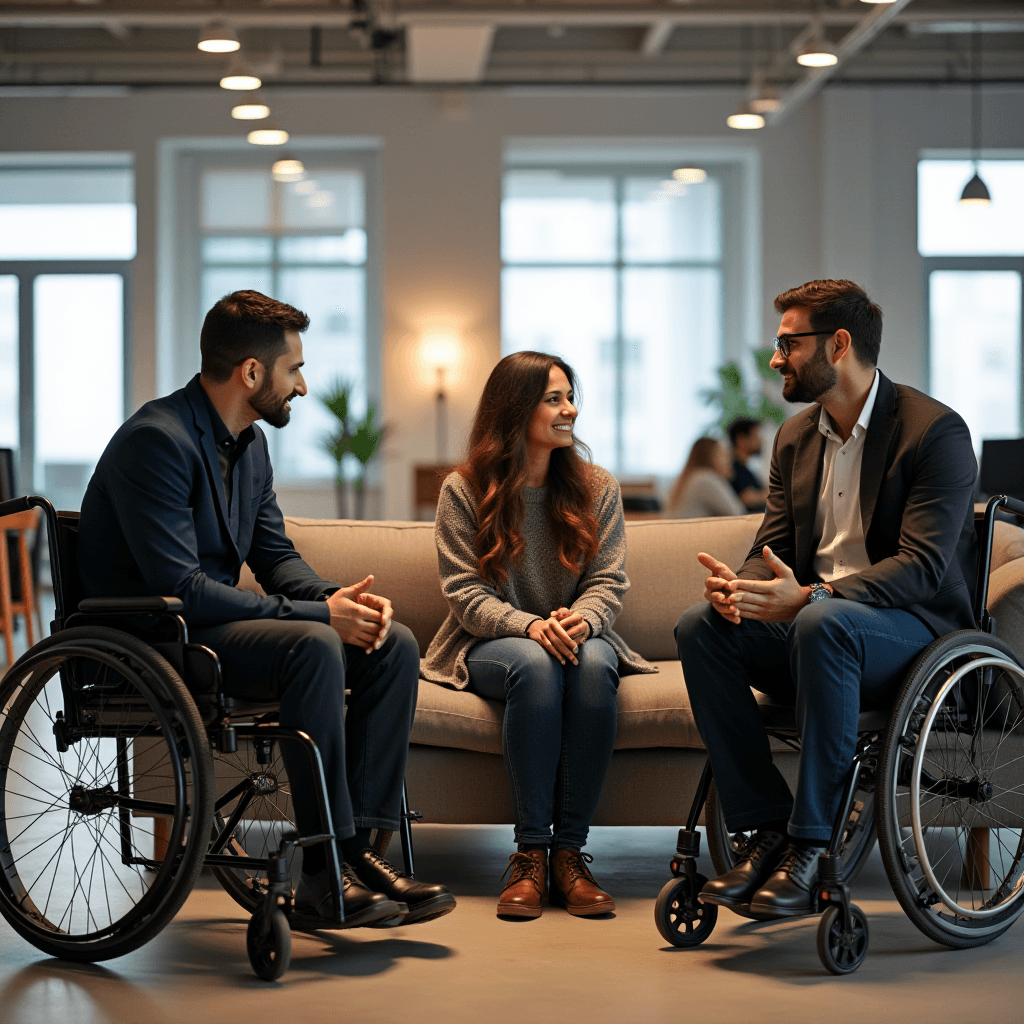 Two men in wheelchairs and a woman sit together engaging in a friendly conversation in a modern office setting.