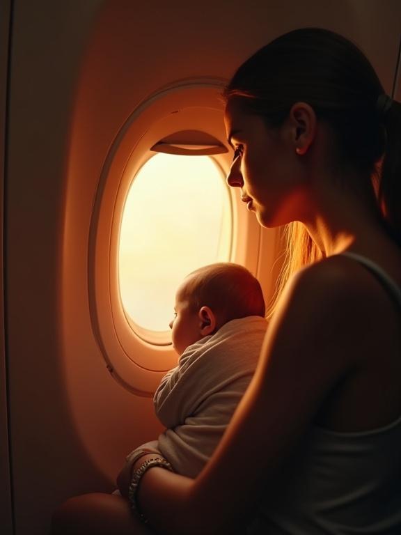 Interior of an airplane cabin. A young woman holds a swaddled baby at a window with a jagged hole. Intense orange light from outside. Desperate terrified atmosphere.
