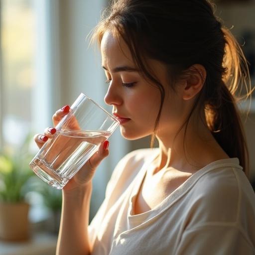 Photorealistic image of a young woman drinking water from a transparent glass in a modern kitchen. Sunlight filtering through a window creates soft natural lighting. Her face shows a serene expression, with a focus on the clarity of the water. High-resolution with realistic textures and shallow depth of field.