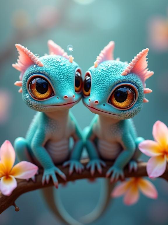 Two fantasy reptilian creatures on a branch. Creatures have rounded heads, large eyes, small bodies, and textured scales. Skin is teal blue with lavender-pink highlights. Huge eyes are golden with black pupils, sparkling like gemstones. Droplets on skin create a moist appearance. Background has flowers and dreamy bokeh in aqua blue and pink tones. Artistic style is high-detail, emphasizing cuteness and expressiveness.