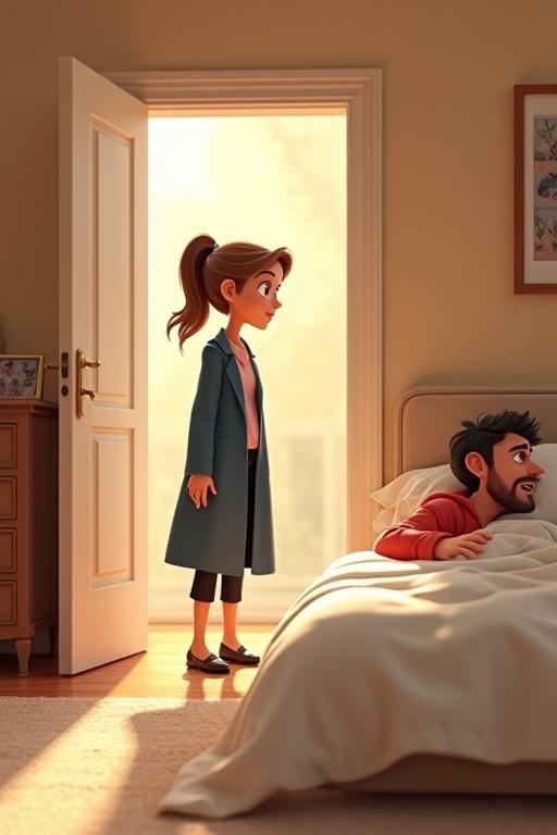 Highly stylized Pixar-style animated scene. Bedroom with soft pastel walls. Standing in doorway is a woman with long brown hair. She wears a navy trench coat. Her eyes show disbelief. On the bed is a man in panic. Another young woman is half-covered by duvet. High heels on the floor. Wedding photo on nightstand. Shadows stretch and tension is palpable.