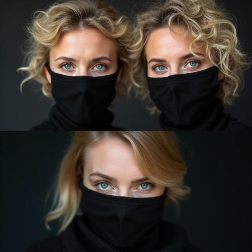 Two women with blonde curly hair partially covered by black masks convey mystery. A young woman with long blonde hair wears bold red lipstick and has striking blue eyes. Each is centered in their respective panel.