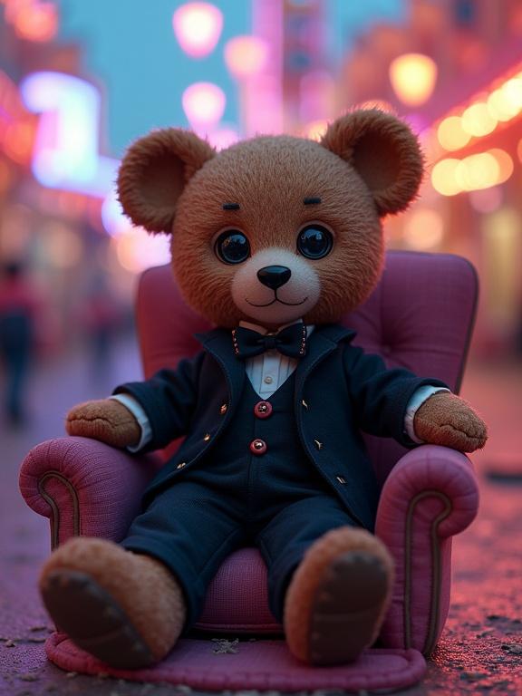 Chibi teddy bear in a black elegant suit. Sitting in a pink chair. Theme park in background with vibrant colors. Pastel fog surrounding. Toy has stitched textures and cracked porcelain elements. Carnival energy visible with glowing neon seams.