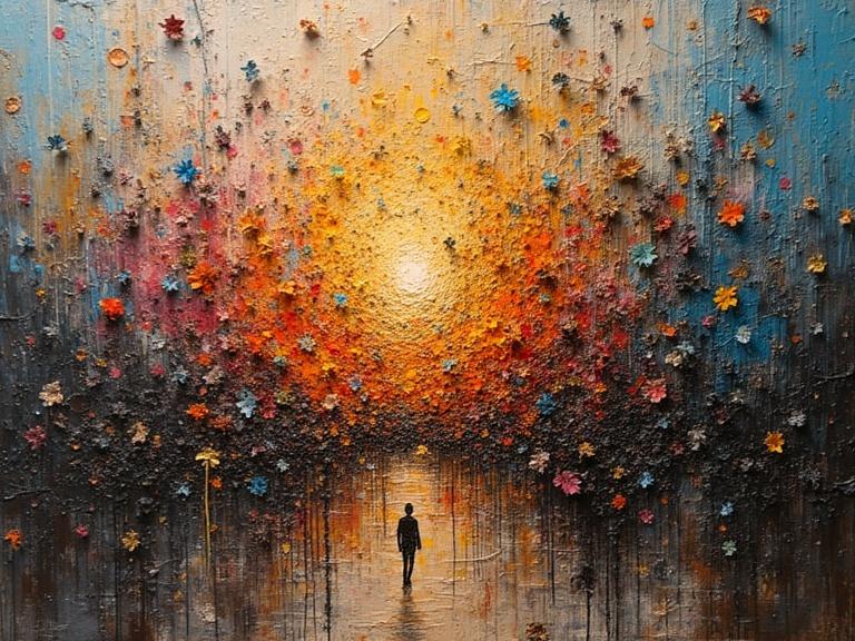 Mixed media oil painting with 3D texture. Features a figure walking toward a bright, colorful horizon. Background filled with textured layers of flowers and vibrant colors. Depth and captivating effects through the use of collage elements. Includes materials like newspaper and wood. Contains visual scratches and drops for a dynamic feel. Evocative and magical atmosphere.