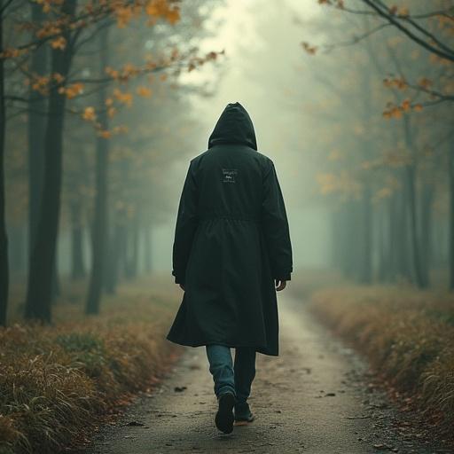 A person in a dark coat walking along a misty path in a forest. The surrounding trees are bare, and the mood is somber. The figure appears strong yet solitary.