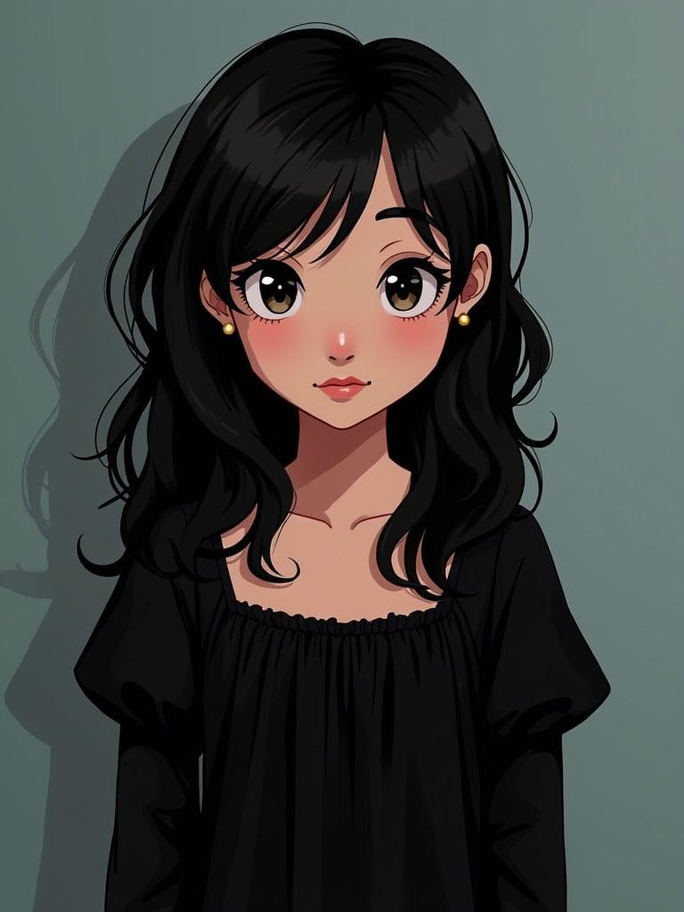 Stylized full frontal view of beautiful girl. She has long black hair and wears a black nightgown. A shy expression is on her face.