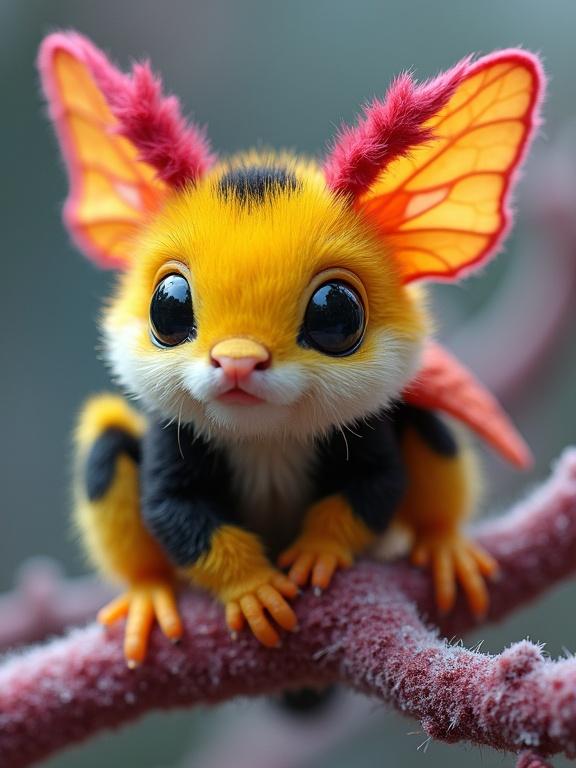 Image features a vibrant fantasy creature with yellow and black fur on a textured branch. The creature has butterfly-like wings, large expressive eyes, and a cute demeanor. The branch is fuzzy with a pink hue against a blurred gray-blue background. The overall aesthetic is whimsical and enchanting.